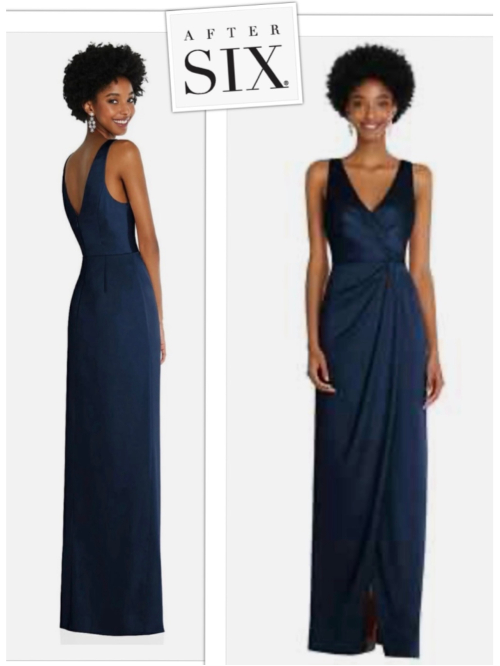 NEW After Six Satin Bridesmaid Formal Midnight Blue V-neck Gown w/ Slit size 6